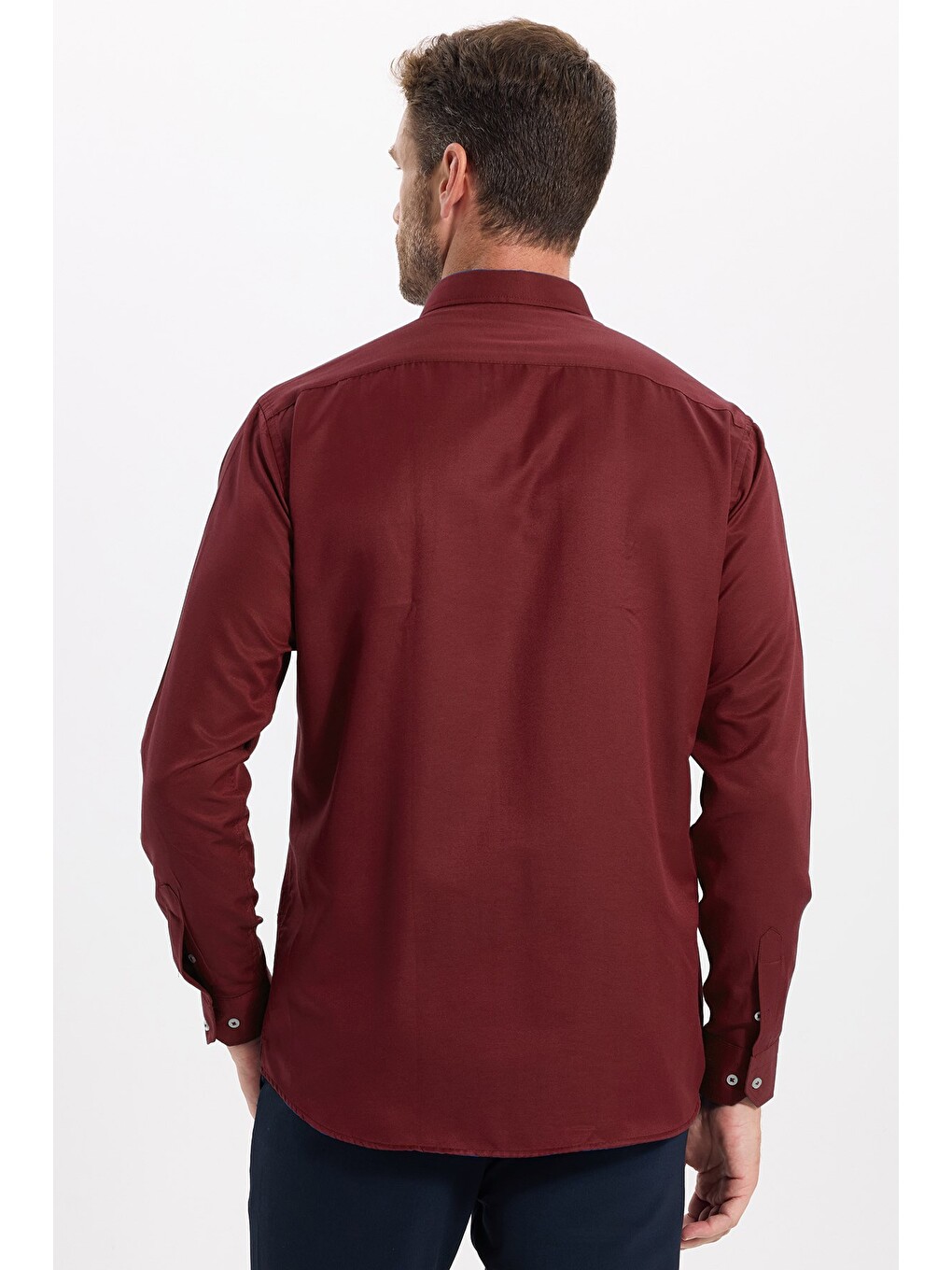Erkek Regular Fit Klasik Kesim Düğmeli Yaka Pamuklu Uzun Kollu Cepli Bordo Gömlek-5