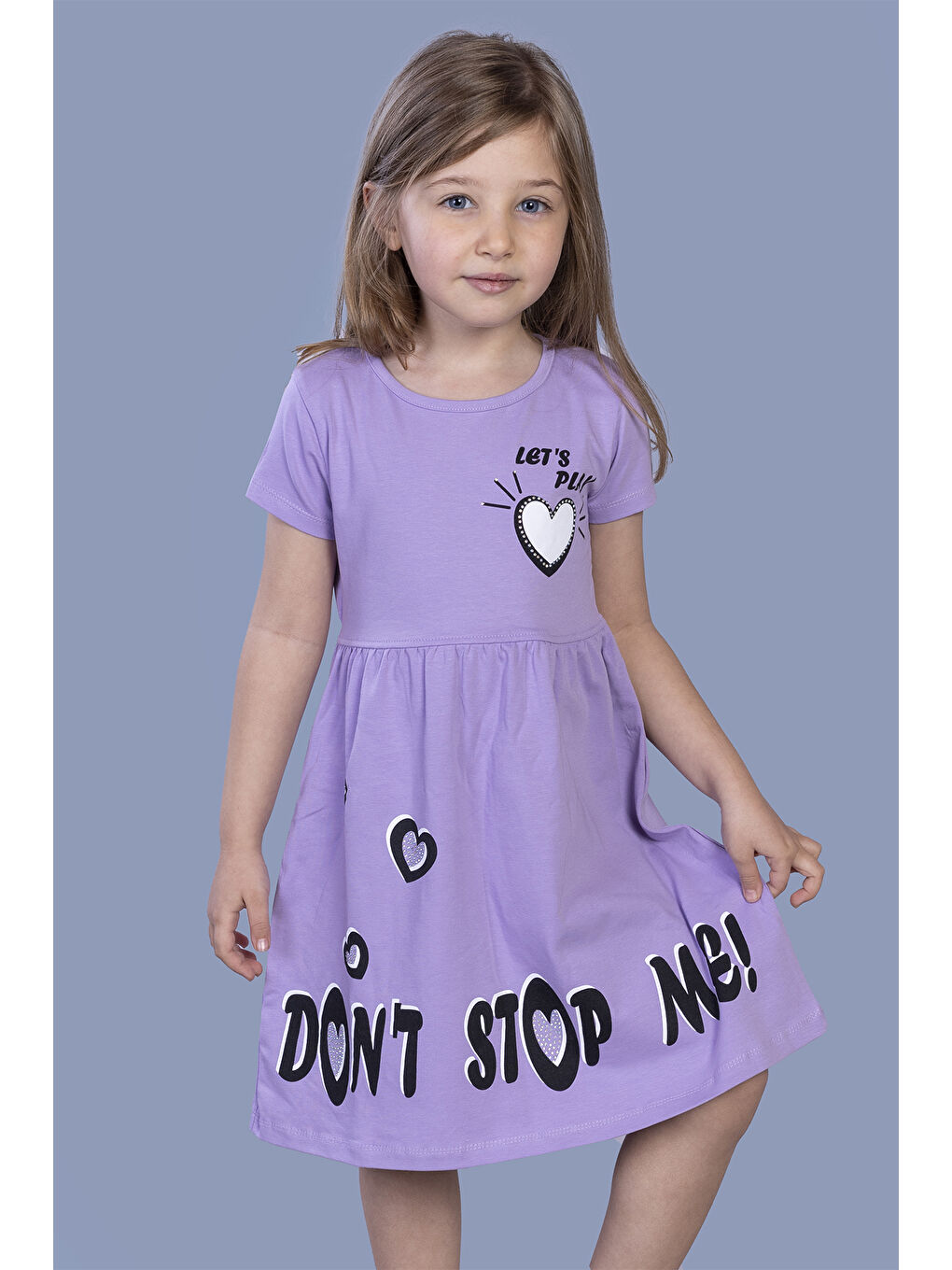 Lila Kız Çocuk Kalp Baskılı Taş İşlemeli Elbise