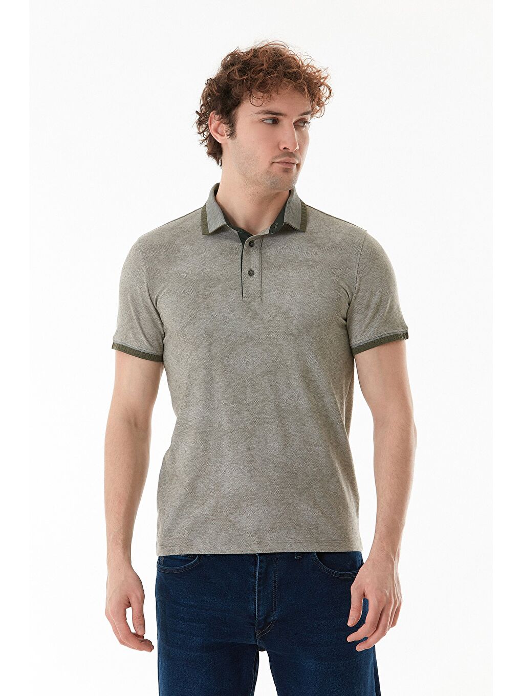Haki Basic Polo Yaka Slim Fit Tişört-1