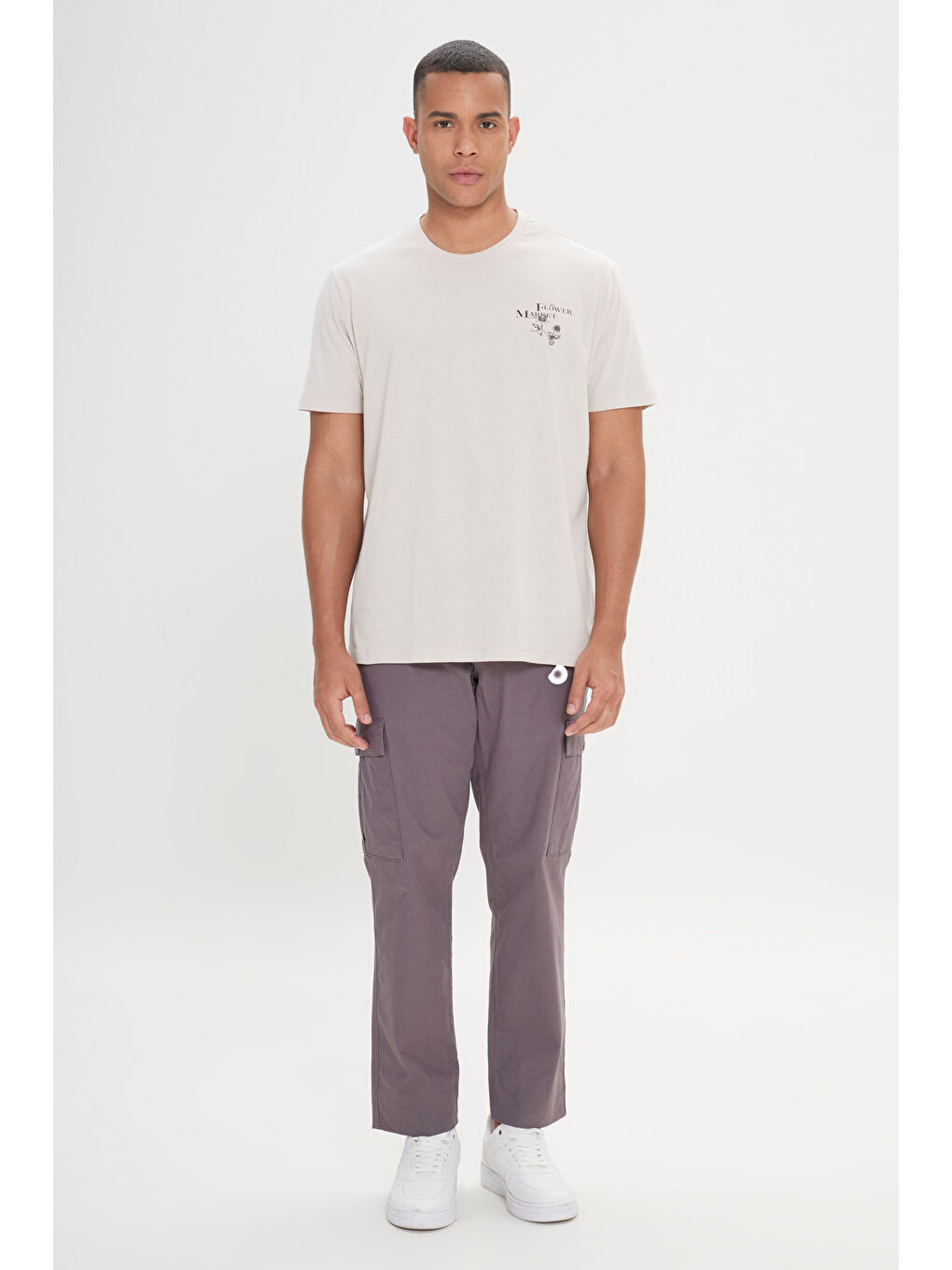 Bej Erkek Taş Comfort Fit Rahat Kesim %100 Pamuk Bisiklet Yaka Tişört-2