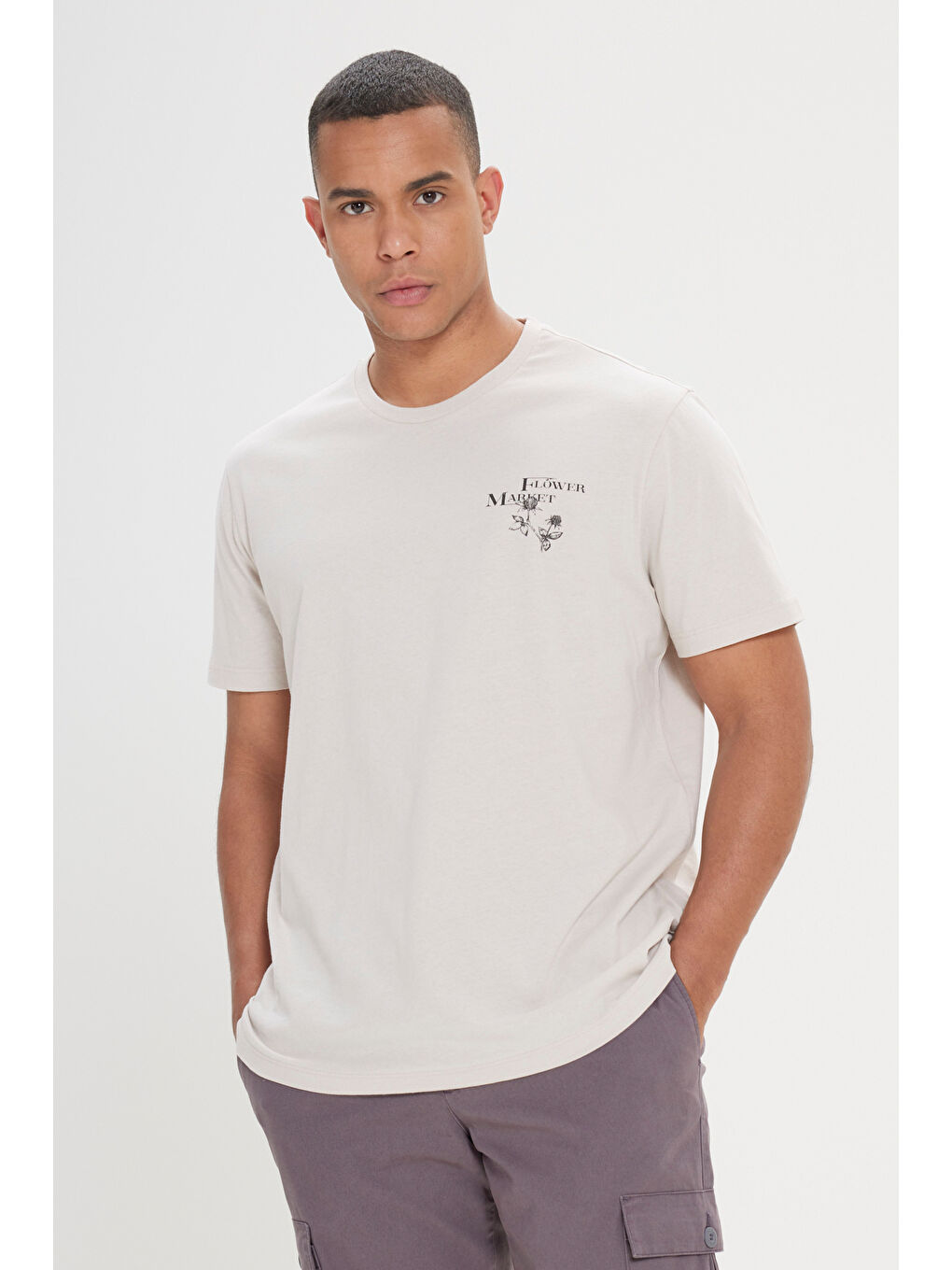 Bej Erkek Taş Comfort Fit Rahat Kesim %100 Pamuk Bisiklet Yaka Tişört-3