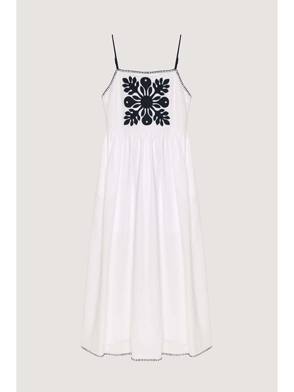 Önü Nakışlı İnce Askılı Keten Midi Boy Elbise Beyaz-1