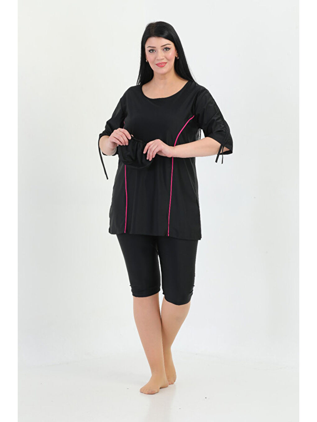 Büyük Beden Yarı Kapalı Tesettür Mayo Kol Detaylı 2311 Aysu Siyah-1