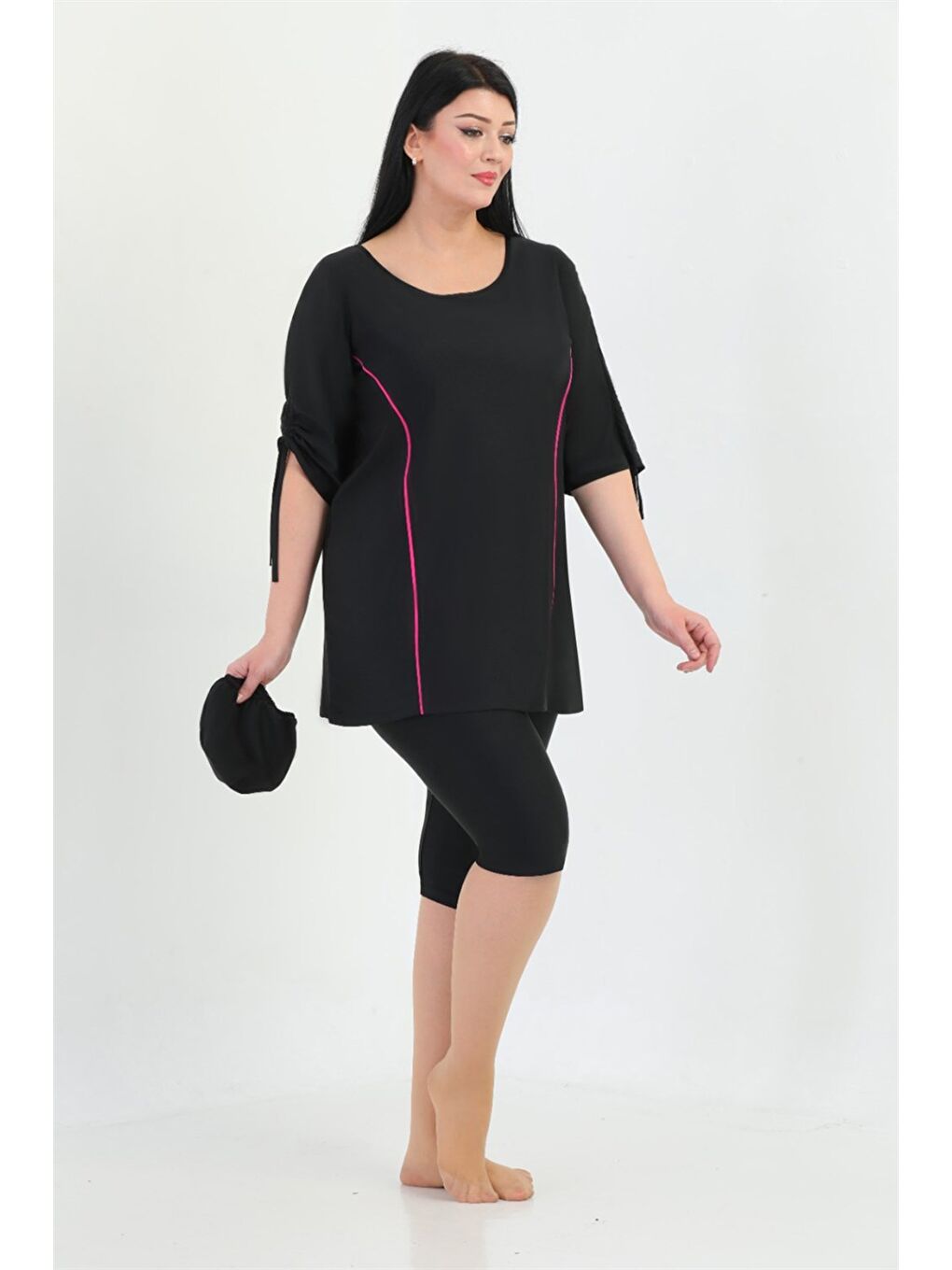 Büyük Beden Yarı Kapalı Tesettür Mayo Kol Detaylı 2311 Aysu Siyah-2