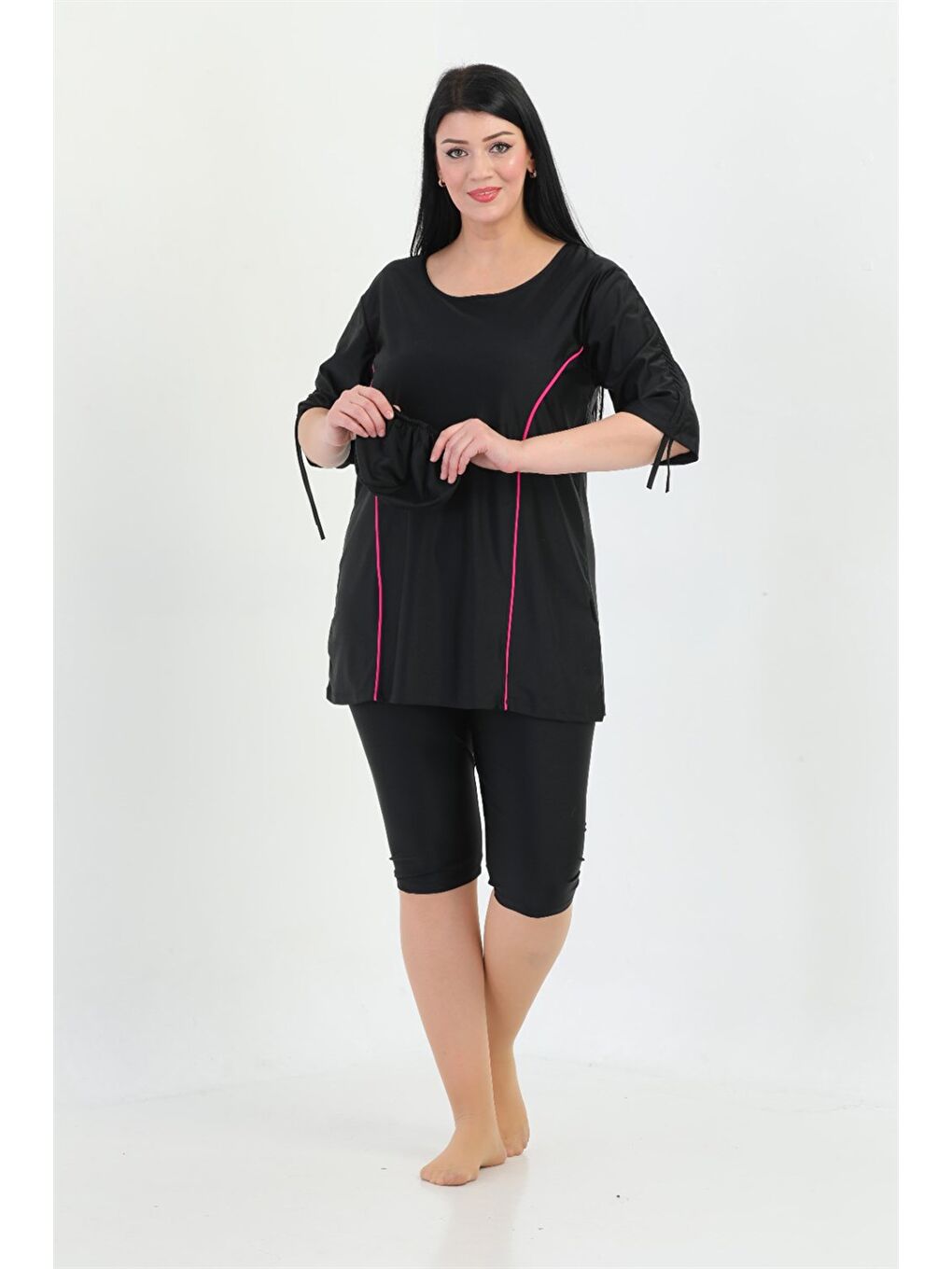 Büyük Beden Yarı Kapalı Tesettür Mayo Kol Detaylı 2311 Aysu Siyah-3