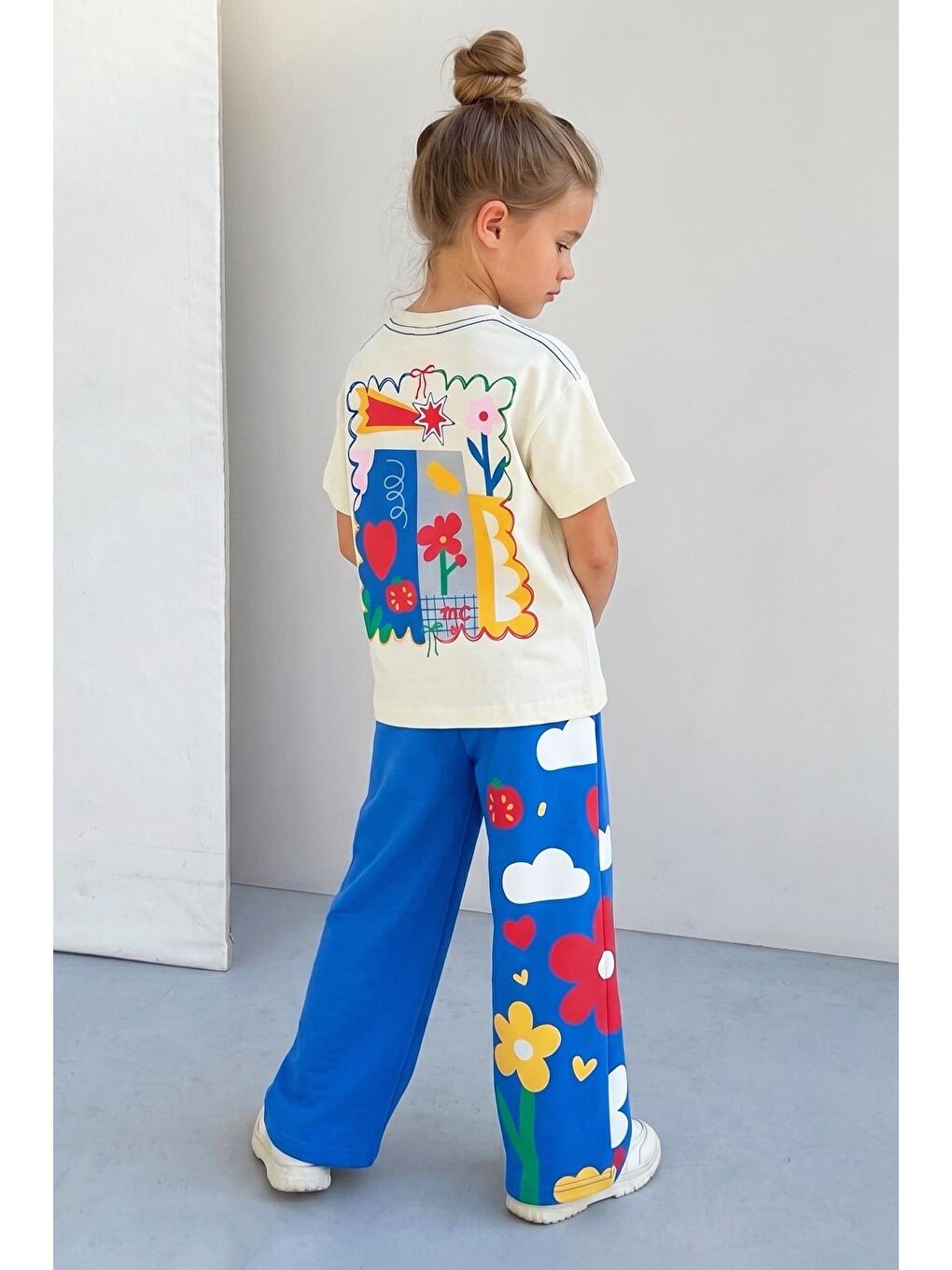 Mavi Kız Çocuk Pamuklu Bisiklet Yaka Çiçek Baskılı T-Shirt Ve Eşofman Alt Üst Takım-1