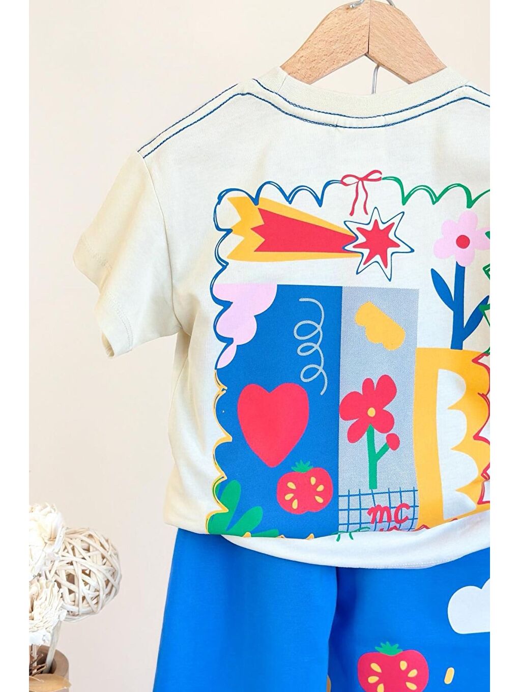 Mavi Kız Çocuk Pamuklu Bisiklet Yaka Çiçek Baskılı T-Shirt Ve Eşofman Alt Üst Takım-2