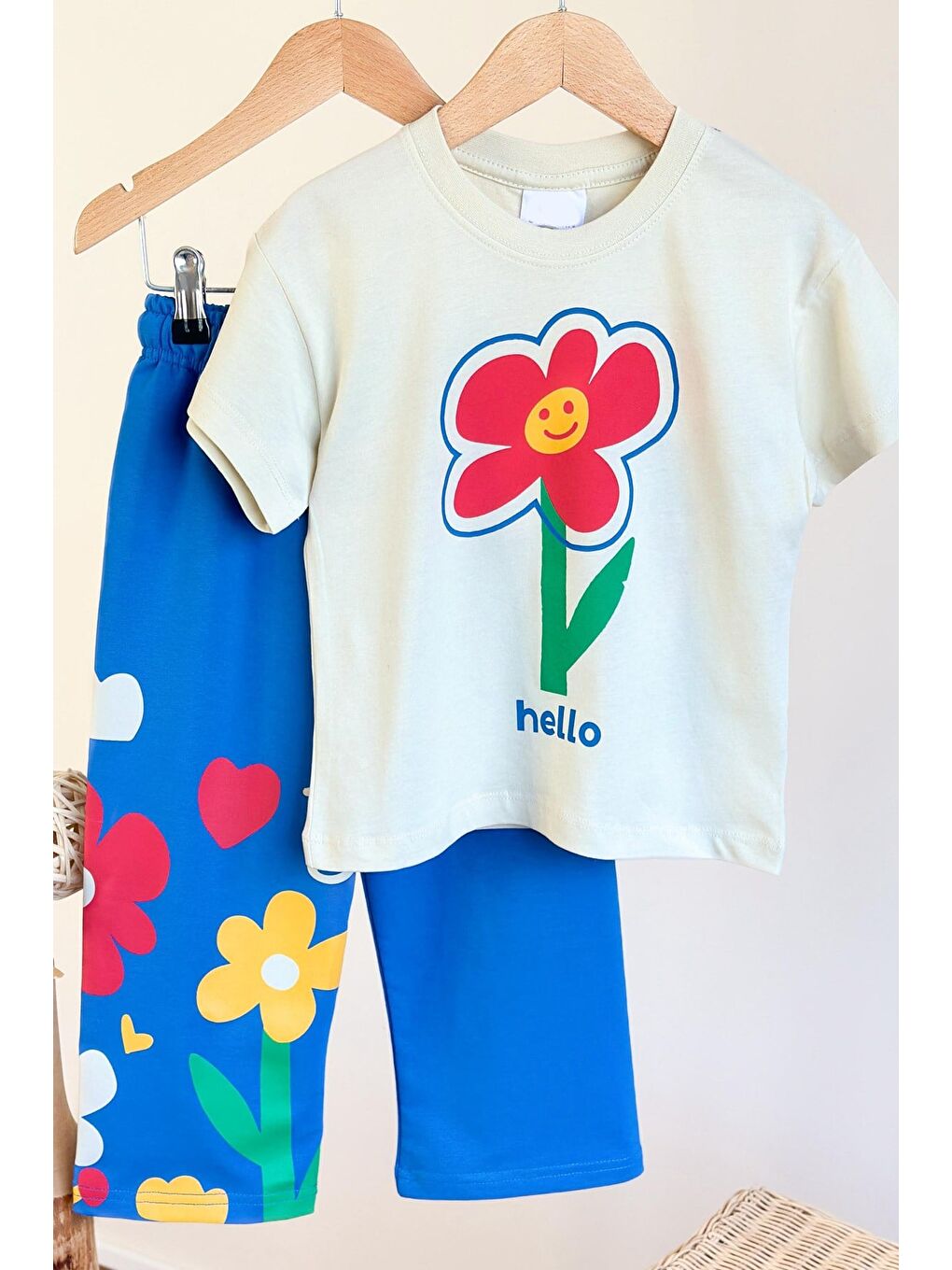 Mavi Kız Çocuk Pamuklu Bisiklet Yaka Çiçek Baskılı T-Shirt Ve Eşofman Alt Üst Takım-3