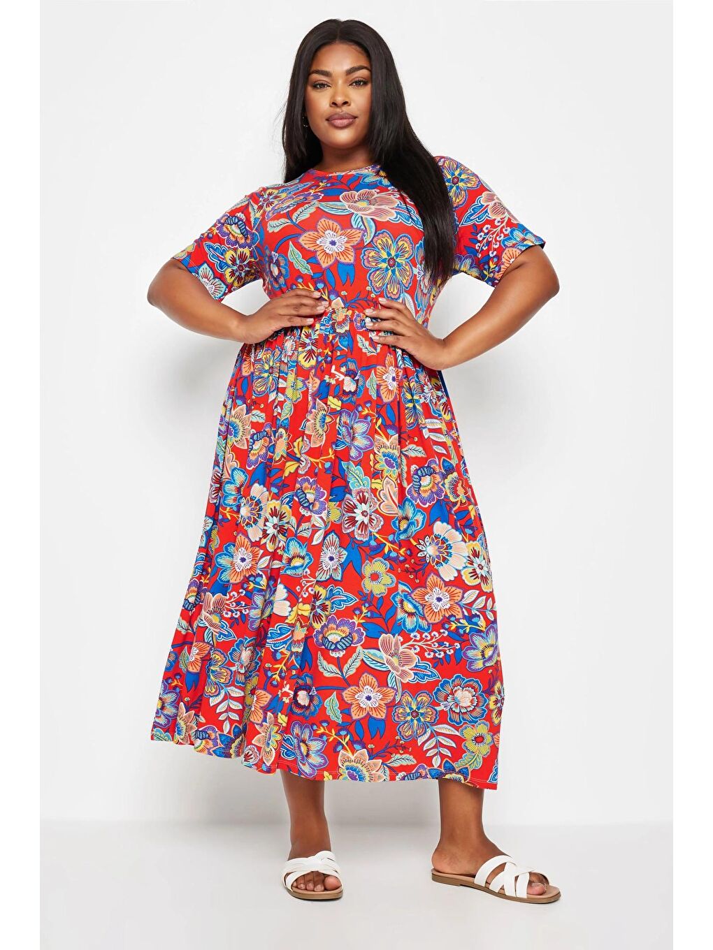 Stil Diva Kirmizi Büyük Beden Bisiklet Yaka Çiçek Desenli Midi Boy Elbise 137851