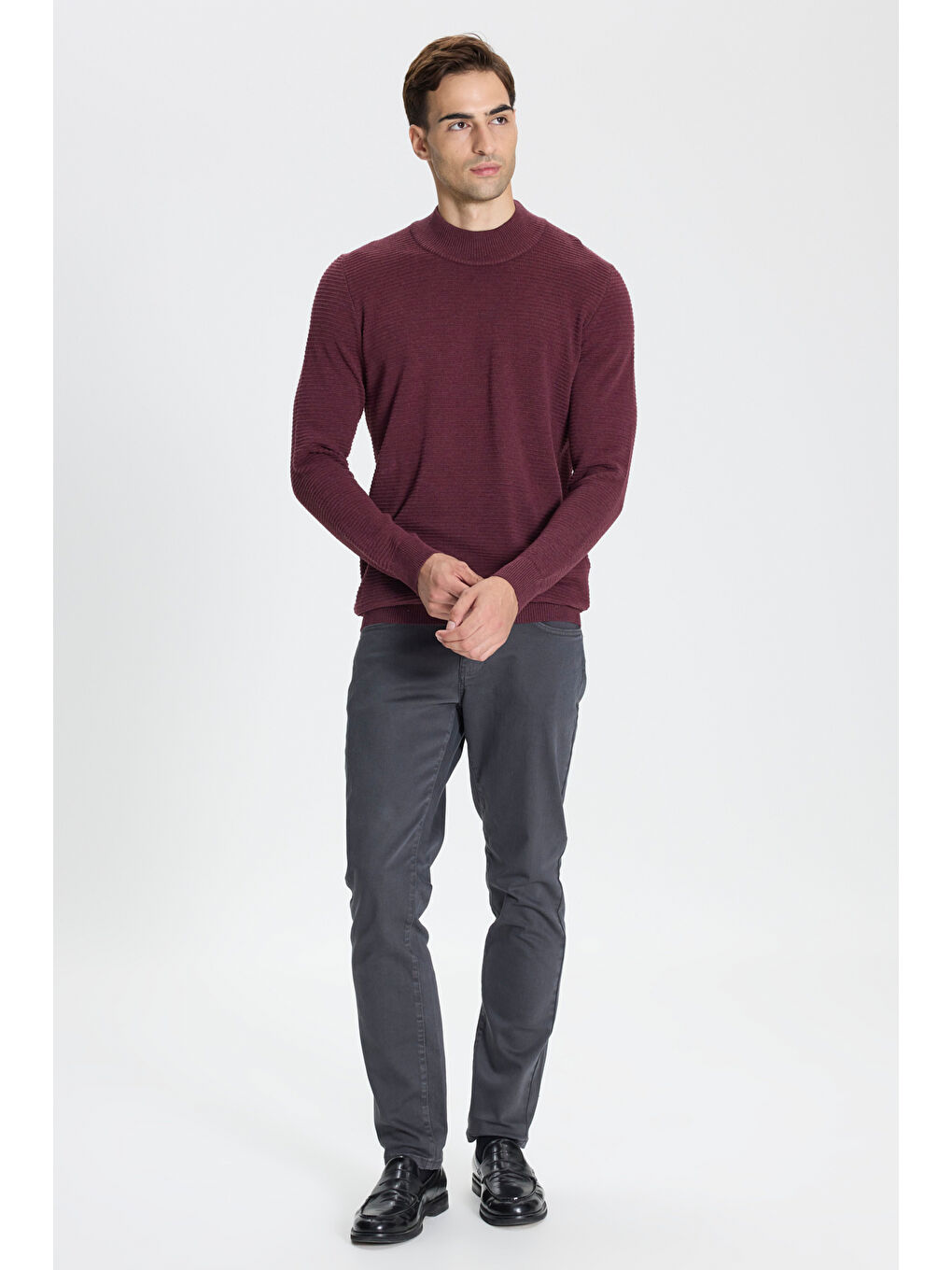 Erkek Bordo Recycle Standart Fit Yarım Balıkçı Yaka Pamuklu Desenli Triko Kazak-1