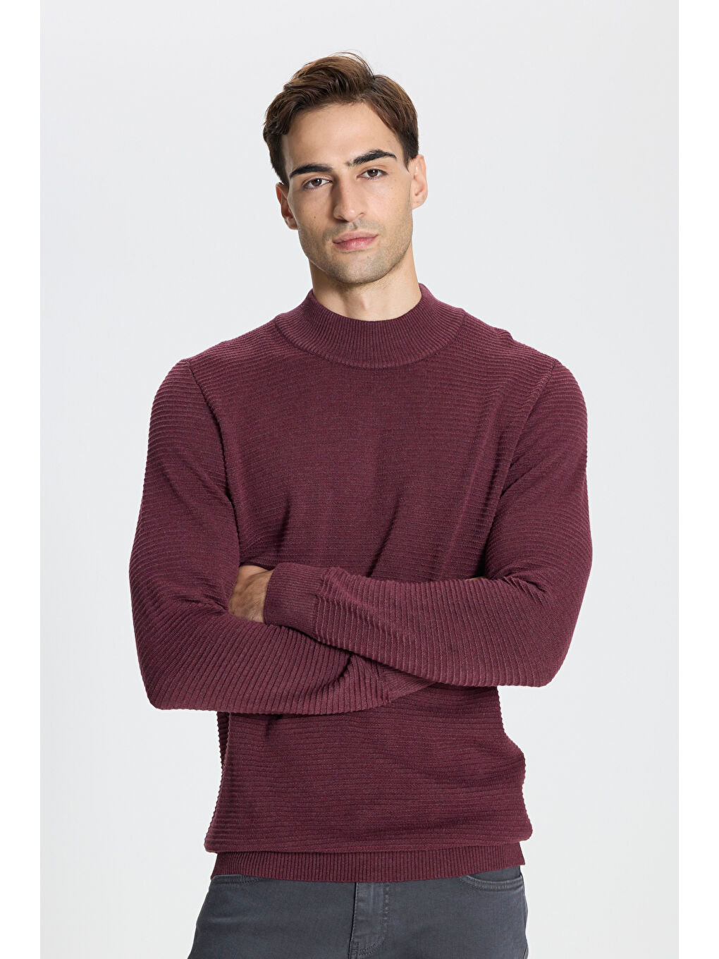 Erkek Bordo Recycle Standart Fit Yarım Balıkçı Yaka Pamuklu Desenli Triko Kazak-2