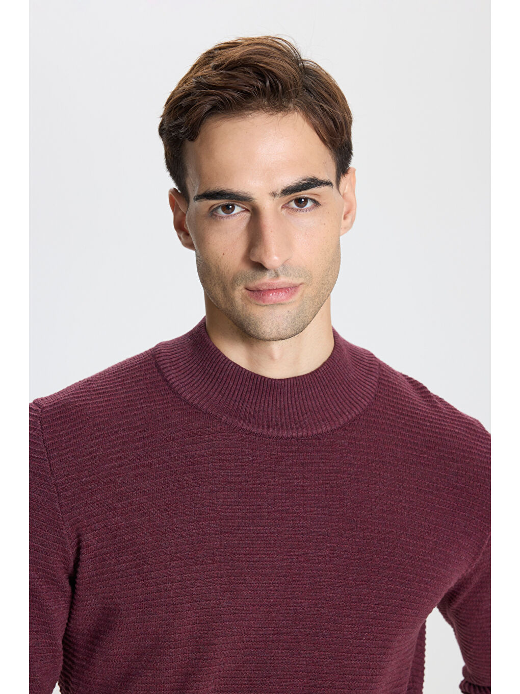 Erkek Bordo Recycle Standart Fit Yarım Balıkçı Yaka Pamuklu Desenli Triko Kazak-3