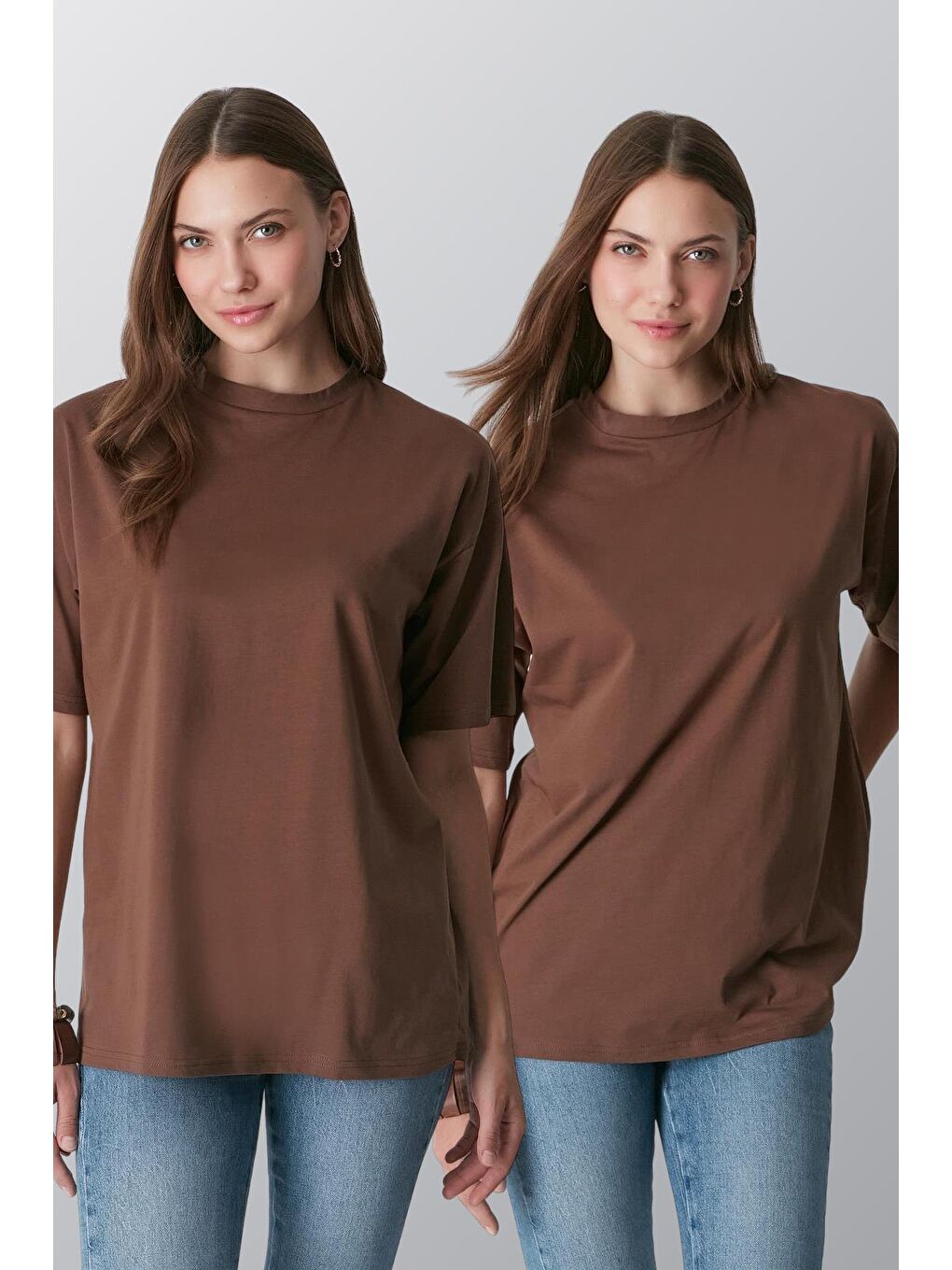 Bisiklet Yaka Kısa Kol 2'Li Casual Basic T-Shirt 961 Kahverengi