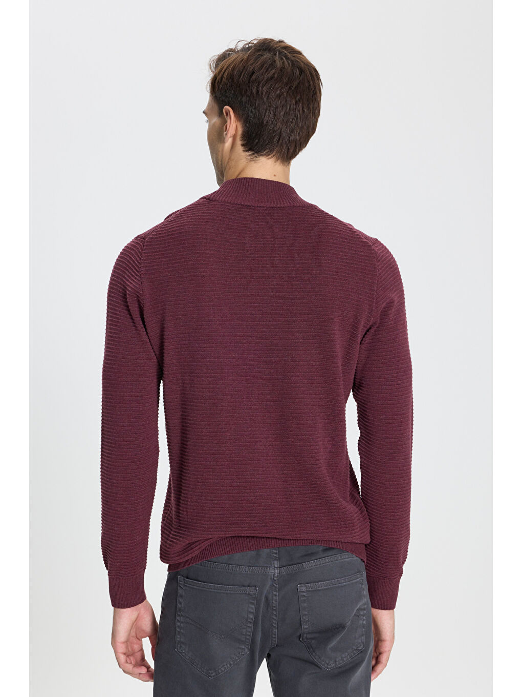 Erkek Bordo Recycle Standart Fit Yarım Balıkçı Yaka Pamuklu Desenli Triko Kazak-4