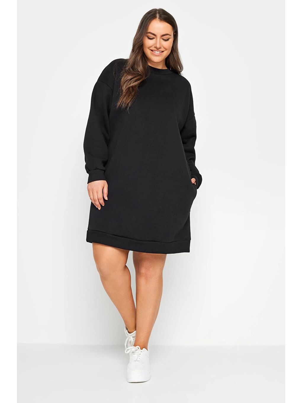 Stil Diva Siyah Büyük Beden Bisiklet Yaka Uzun Kollu Kısa Sweat Elbise 126443