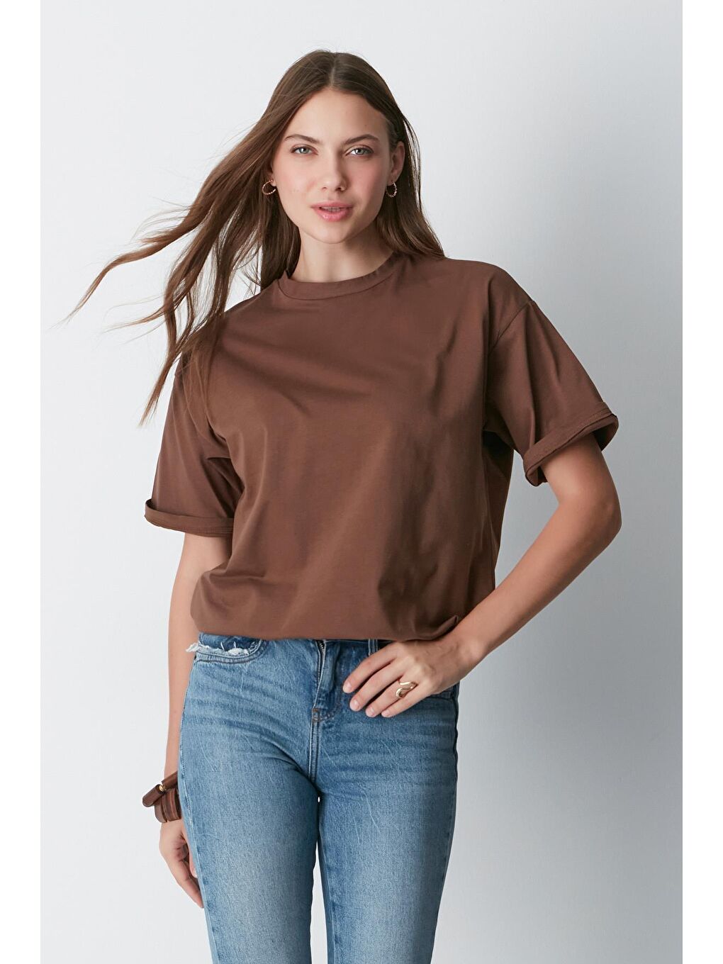 Bisiklet Yaka Kısa Kol 2'Li Casual Basic T-Shirt 961 Kahverengi-1