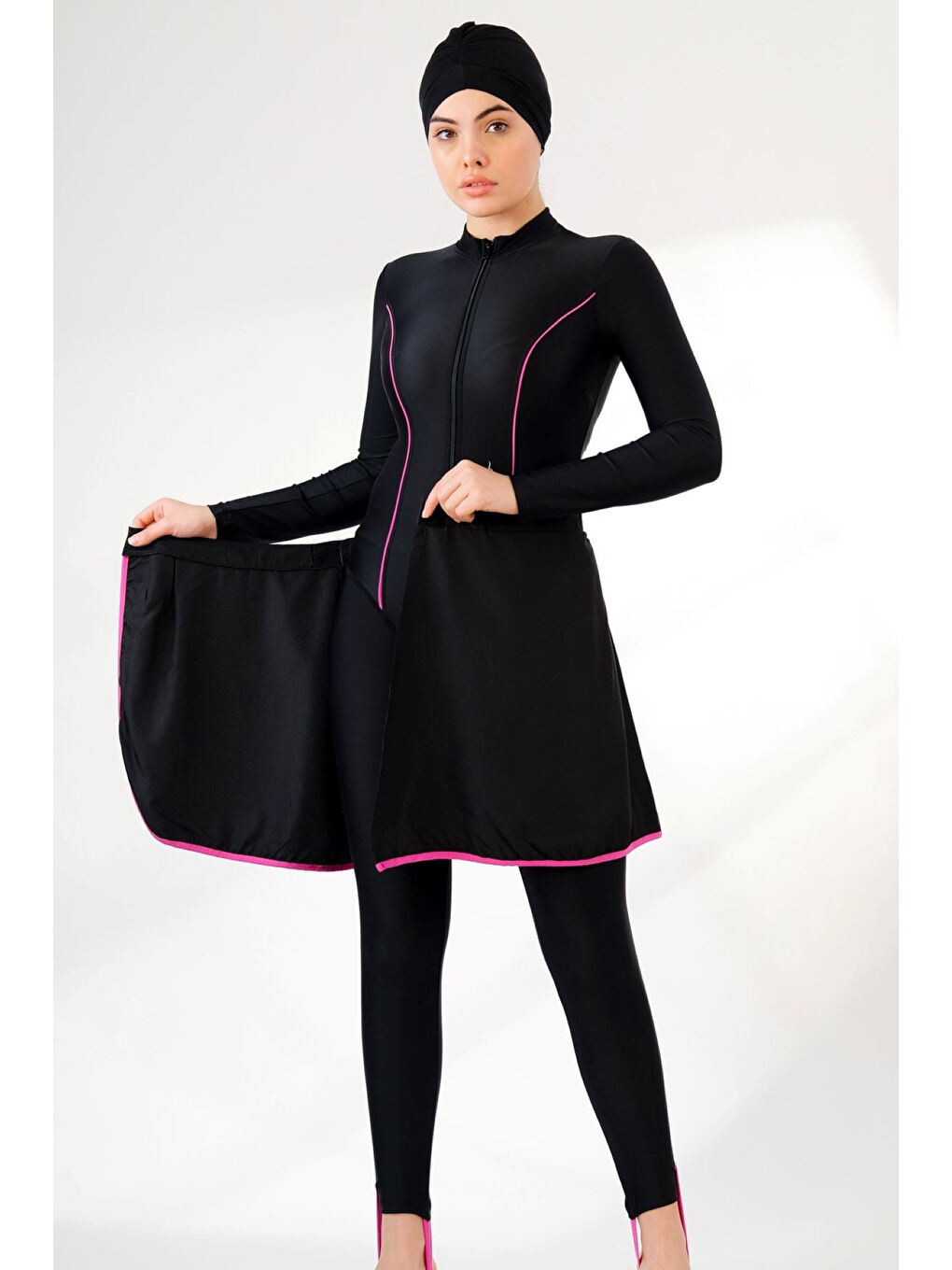 UV Koruyuculu Tasarım Tam Kapalı Yüzücü Tesettür Mayo Neva 2233F Siyah Fuşya Biyeli