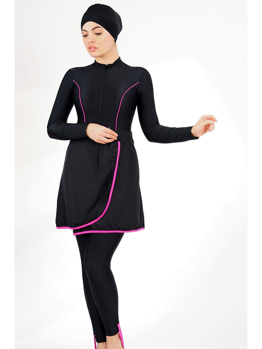 UV Koruyuculu Tasarım Tam Kapalı Yüzücü Tesettür Mayo Neva 2233F Siyah Fuşya Biyeli-1