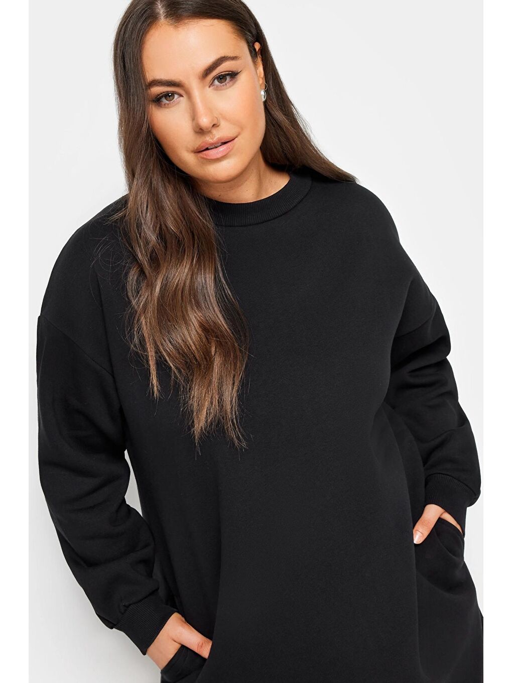 Stil Diva Siyah Büyük Beden Bisiklet Yaka Uzun Kollu Kısa Sweat Elbise 126443 - 1
