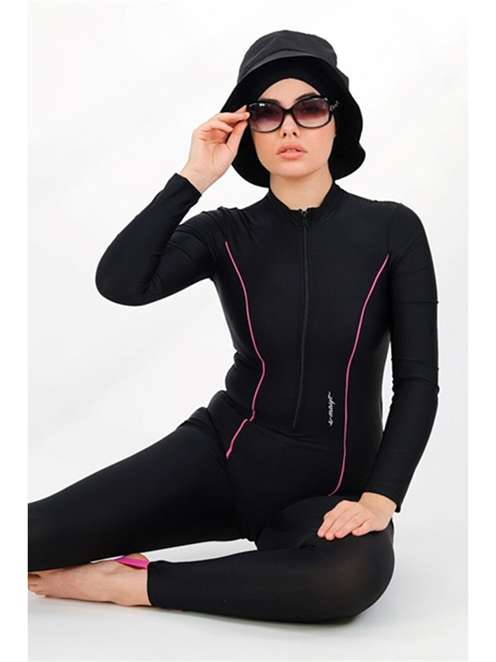 UV Koruyuculu Tasarım Tam Kapalı Yüzücü Tesettür Mayo Neva 2233F Siyah Fuşya Biyeli-2