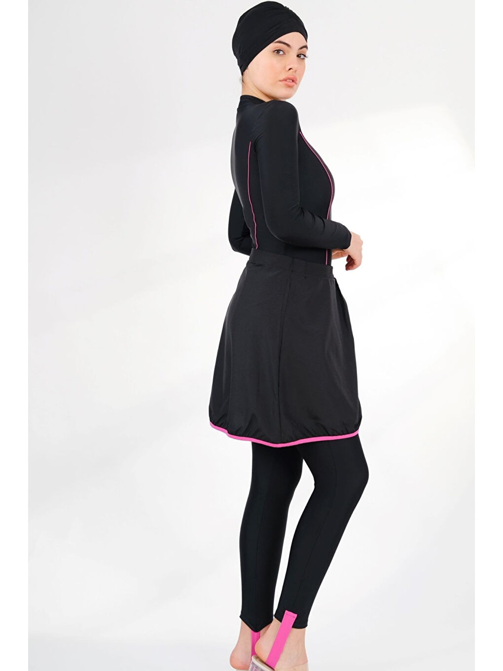 UV Koruyuculu Tasarım Tam Kapalı Yüzücü Tesettür Mayo Neva 2233F Siyah Fuşya Biyeli-4