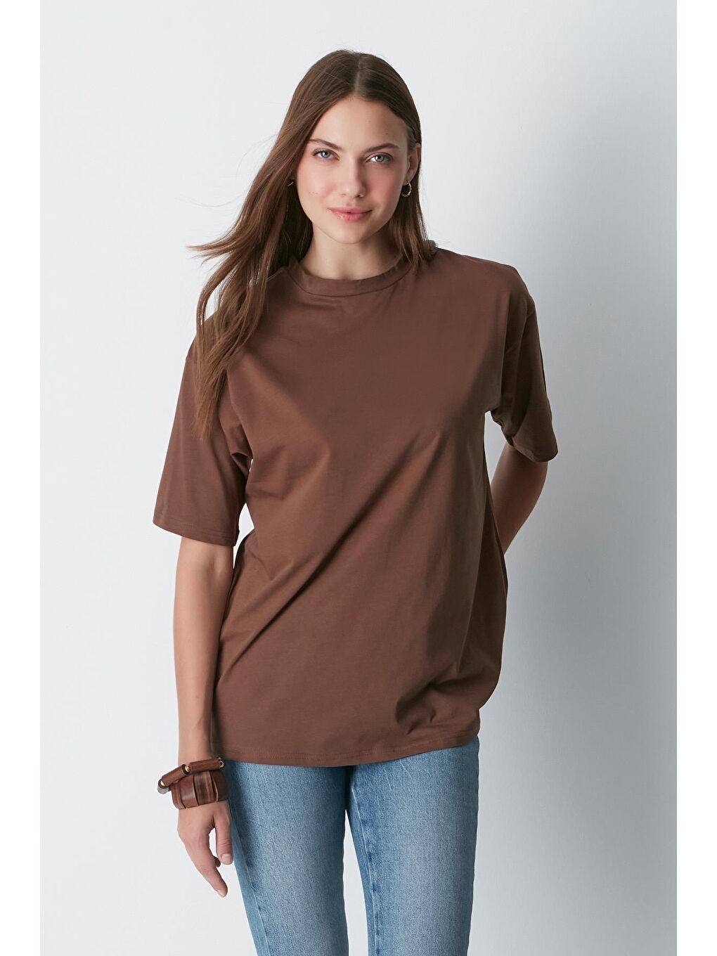 Bisiklet Yaka Kısa Kol 2'Li Casual Basic T-Shirt 961 Kahverengi-4