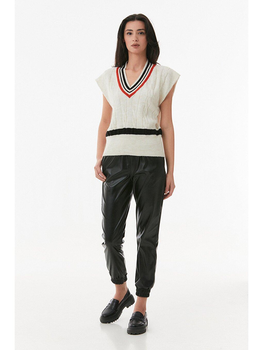 Bej Çizgili Saç Örgülü Süveter-3