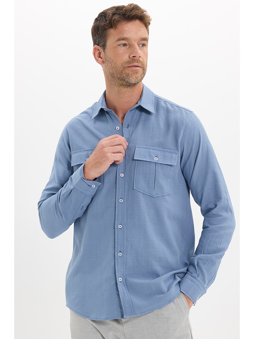 Erkek Regular Fit Klasik Kesim Oversize %100 Pamuk Keten Doku Çift Cep İndigo Gömlek