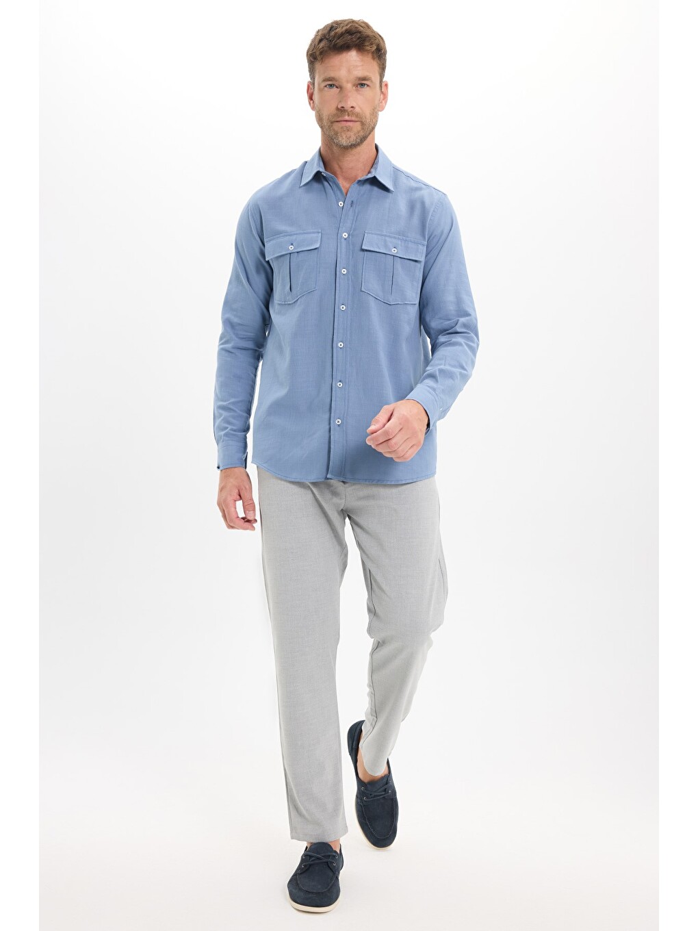 Erkek Regular Fit Klasik Kesim Oversize %100 Pamuk Keten Doku Çift Cep İndigo Gömlek-1