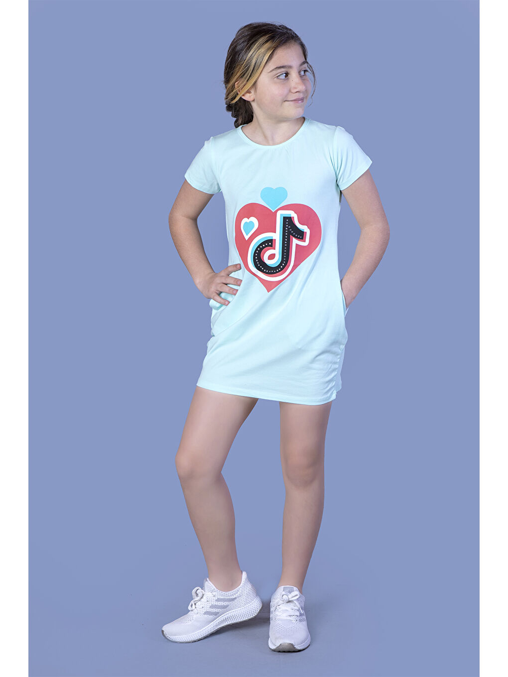 Turkuaz Kız Çocuk İki Yanı Cepli Baskılı Elbise