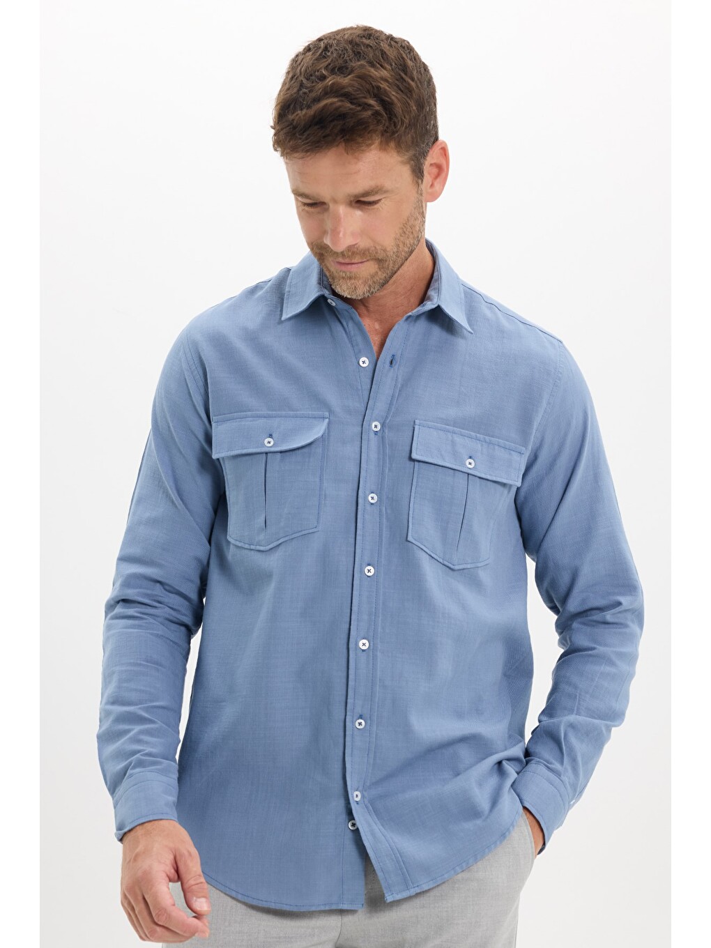Erkek Regular Fit Klasik Kesim Oversize %100 Pamuk Keten Doku Çift Cep İndigo Gömlek-2