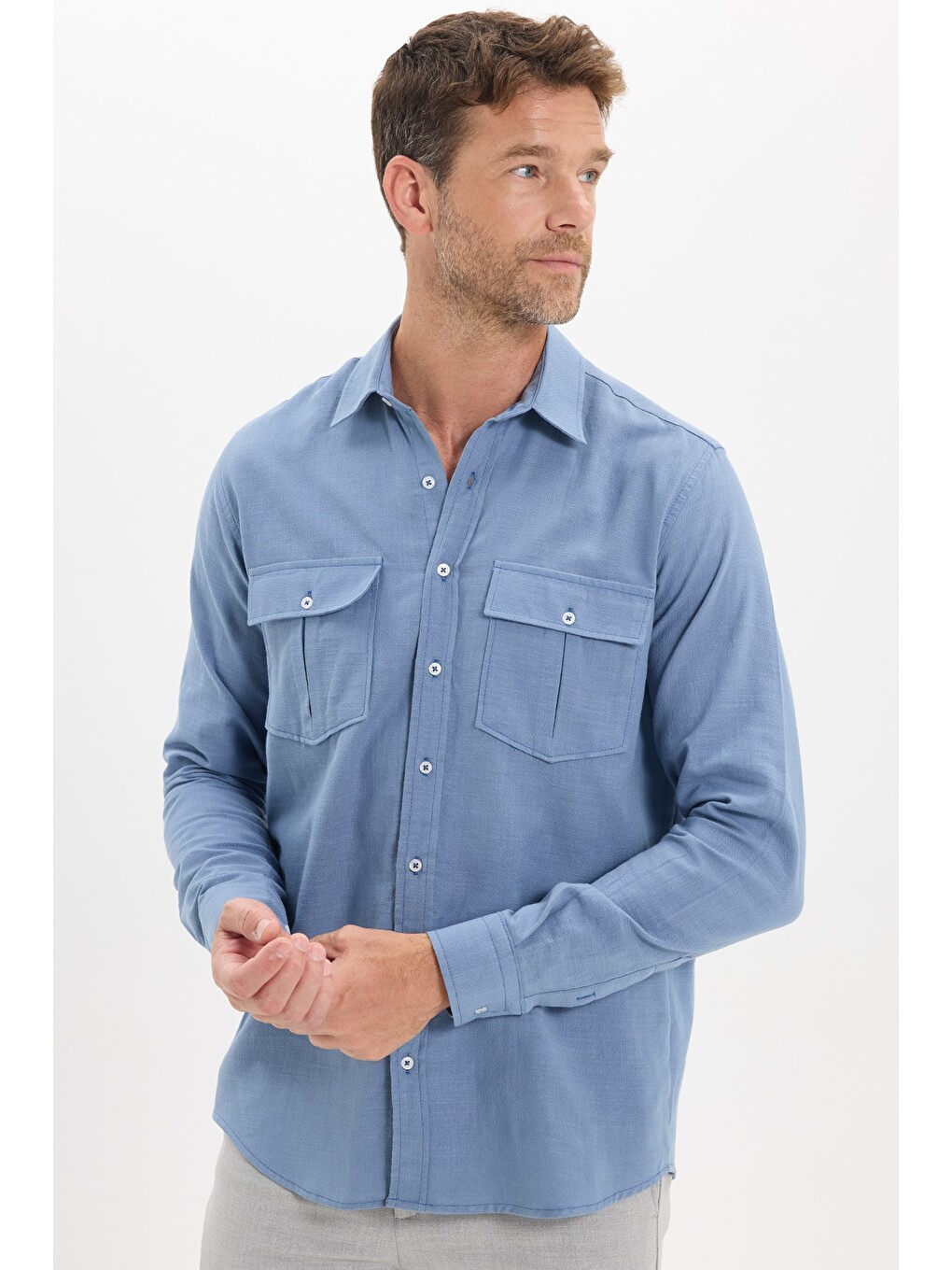 Erkek Regular Fit Klasik Kesim Oversize %100 Pamuk Keten Doku Çift Cep İndigo Gömlek-3