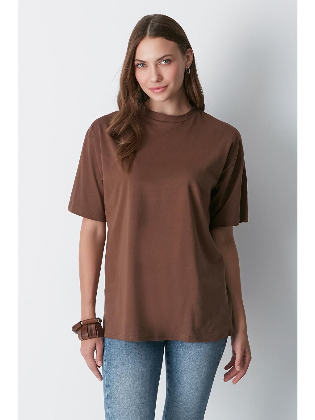 Bisiklet Yaka Kısa Kol 2'Li Casual Basic T-Shirt 961 Kahverengi-5