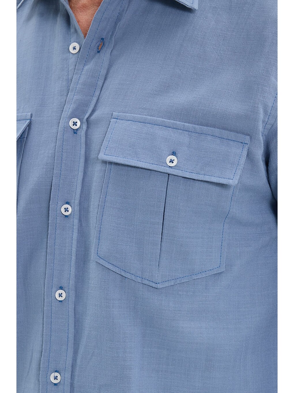 Erkek Regular Fit Klasik Kesim Oversize %100 Pamuk Keten Doku Çift Cep İndigo Gömlek-5