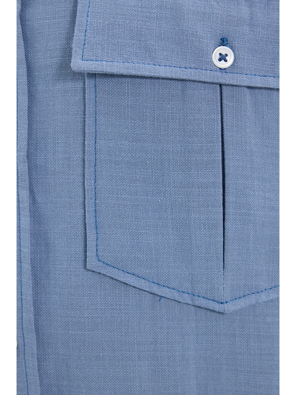 Erkek Regular Fit Klasik Kesim Oversize %100 Pamuk Keten Doku Çift Cep İndigo Gömlek-6