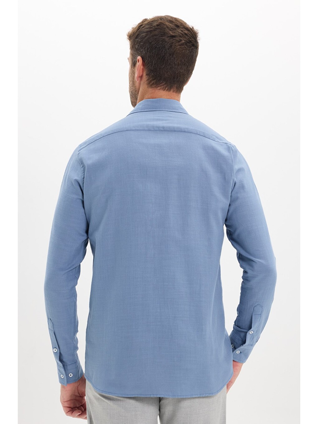 Erkek Regular Fit Klasik Kesim Oversize %100 Pamuk Keten Doku Çift Cep İndigo Gömlek-7