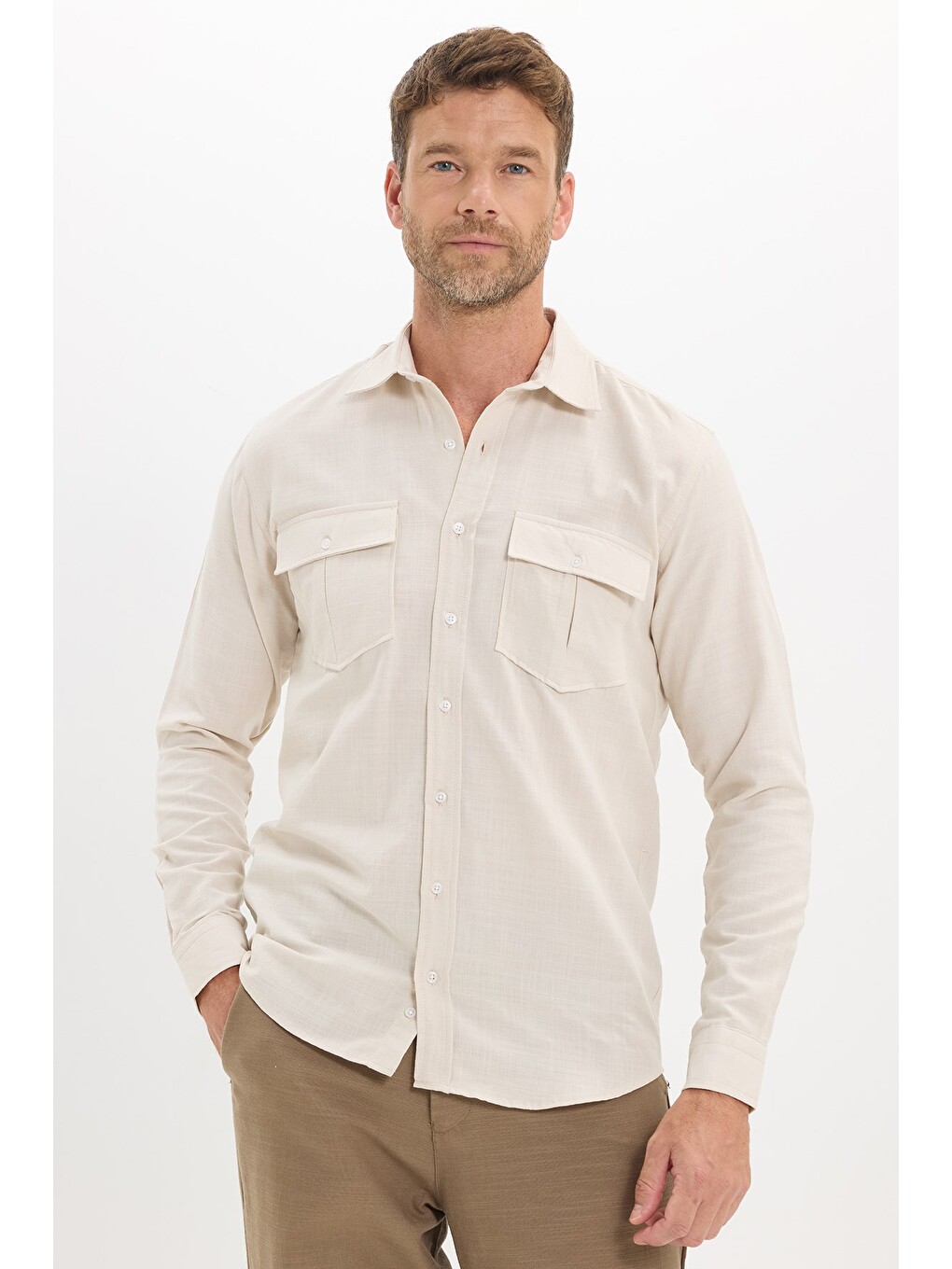 Erkek Regular Fit Klasik Kesim Oversize %100 Pamuk Keten Doku Çift Cep Bej Gömlek
