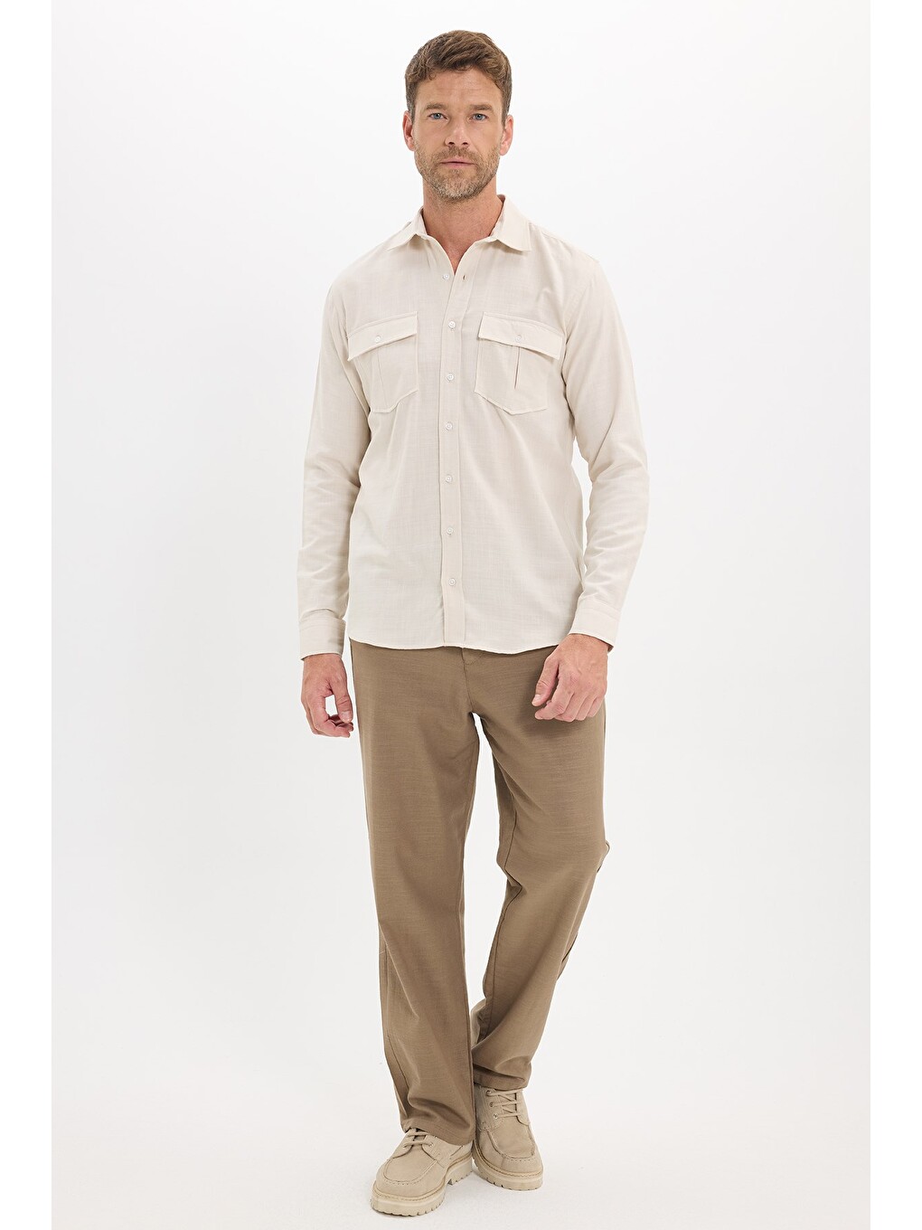Erkek Regular Fit Klasik Kesim Oversize %100 Pamuk Keten Doku Çift Cep Bej Gömlek-1