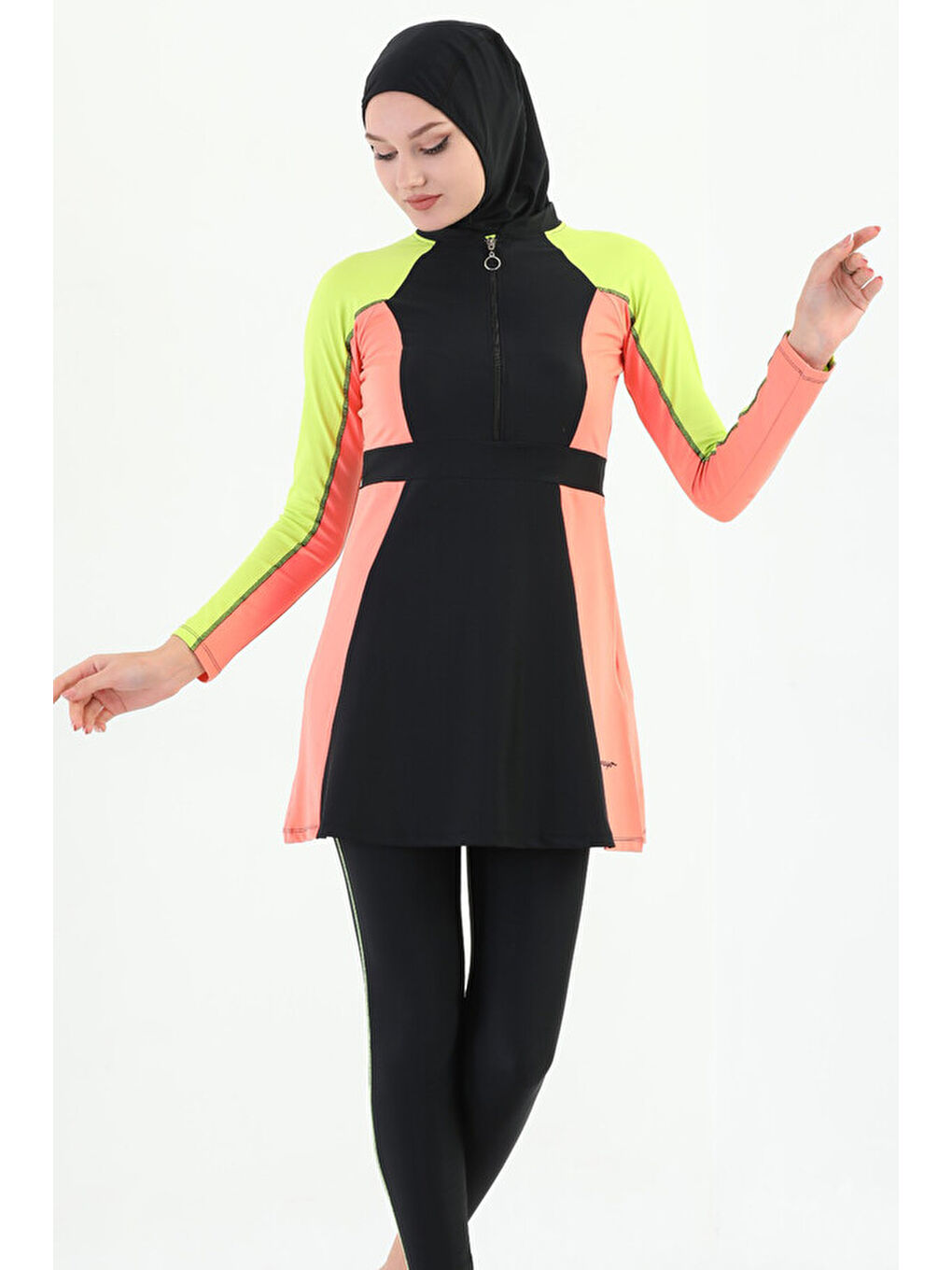 UV Koruyuculu Tam Kapalı Elastanlı Tesettür Mayo 2237 Betül Siyah Sarı