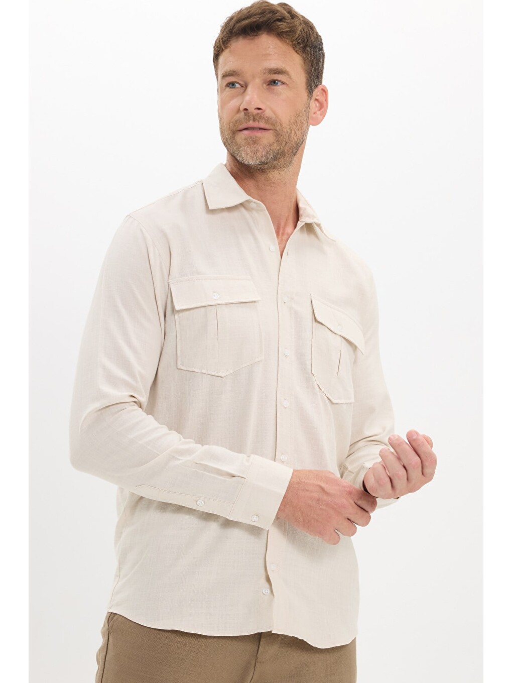 Erkek Regular Fit Klasik Kesim Oversize %100 Pamuk Keten Doku Çift Cep Bej Gömlek-2