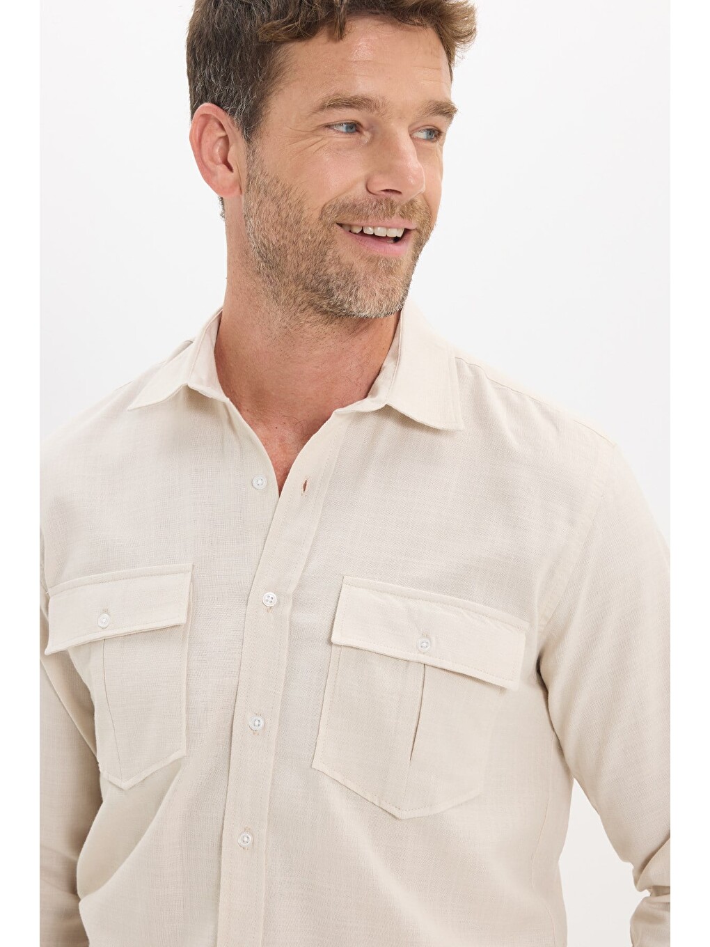 Erkek Regular Fit Klasik Kesim Oversize %100 Pamuk Keten Doku Çift Cep Bej Gömlek-3