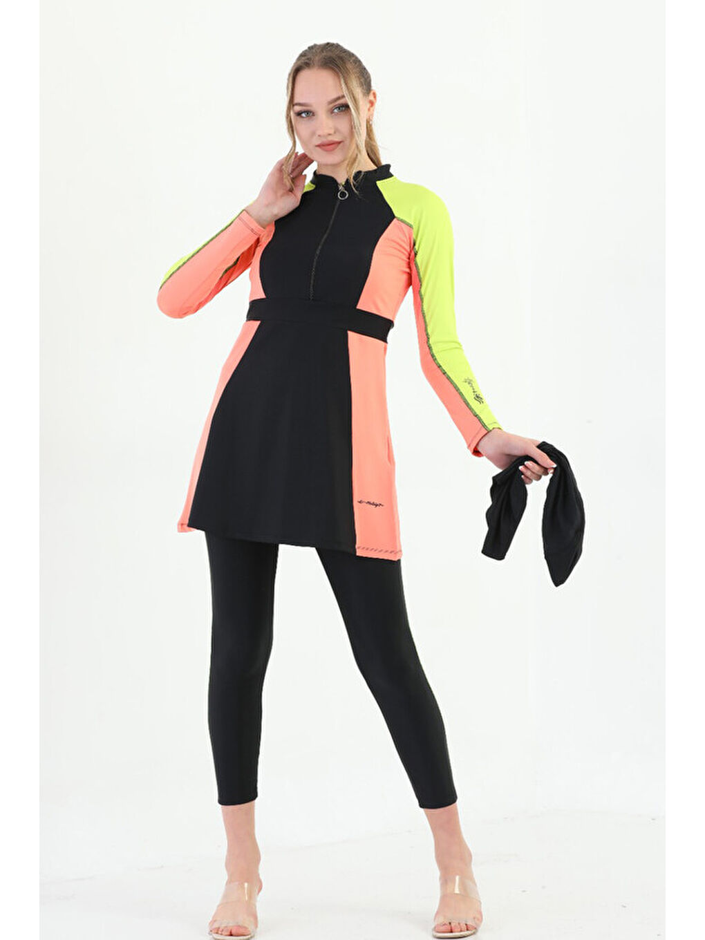 UV Koruyuculu Tam Kapalı Elastanlı Tesettür Mayo 2237 Betül Siyah Sarı-1