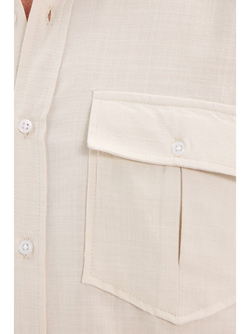Erkek Regular Fit Klasik Kesim Oversize %100 Pamuk Keten Doku Çift Cep Bej Gömlek-4