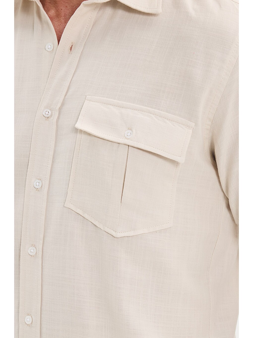 Erkek Regular Fit Klasik Kesim Oversize %100 Pamuk Keten Doku Çift Cep Bej Gömlek-5
