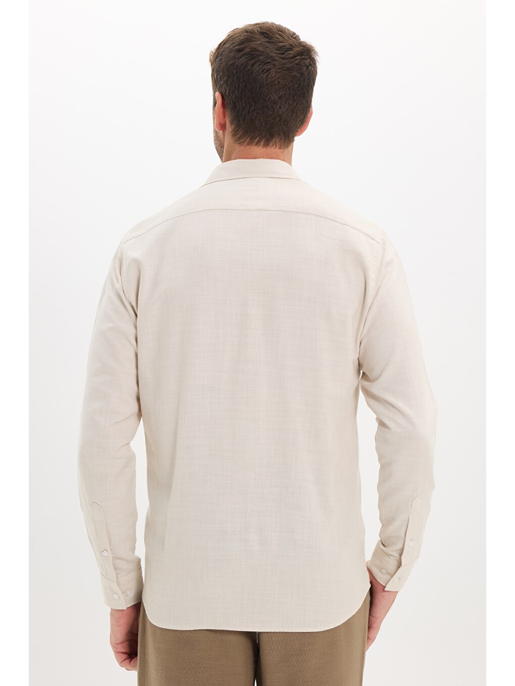 Erkek Regular Fit Klasik Kesim Oversize %100 Pamuk Keten Doku Çift Cep Bej Gömlek-6