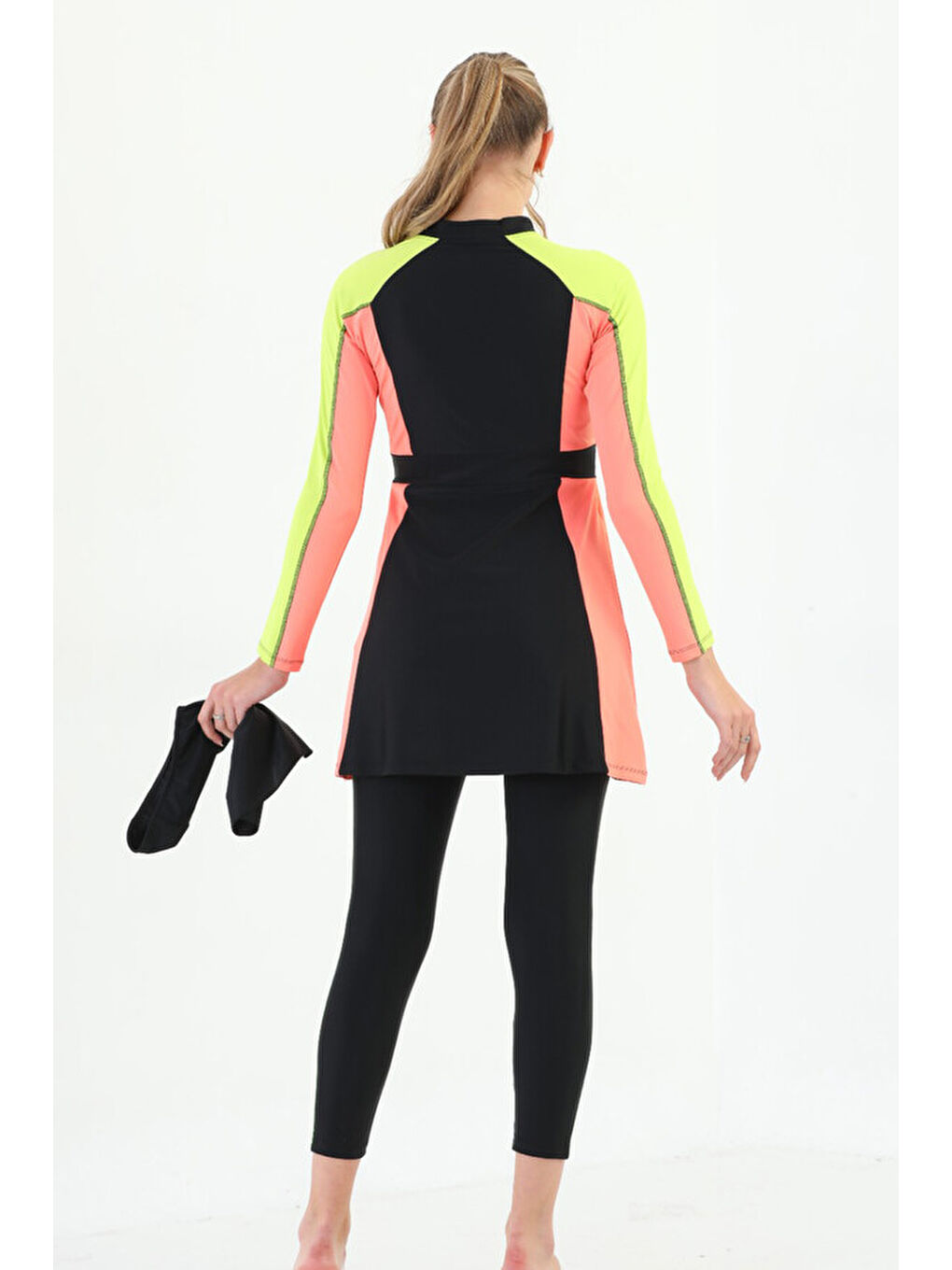 UV Koruyuculu Tam Kapalı Elastanlı Tesettür Mayo 2237 Betül Siyah Sarı-3