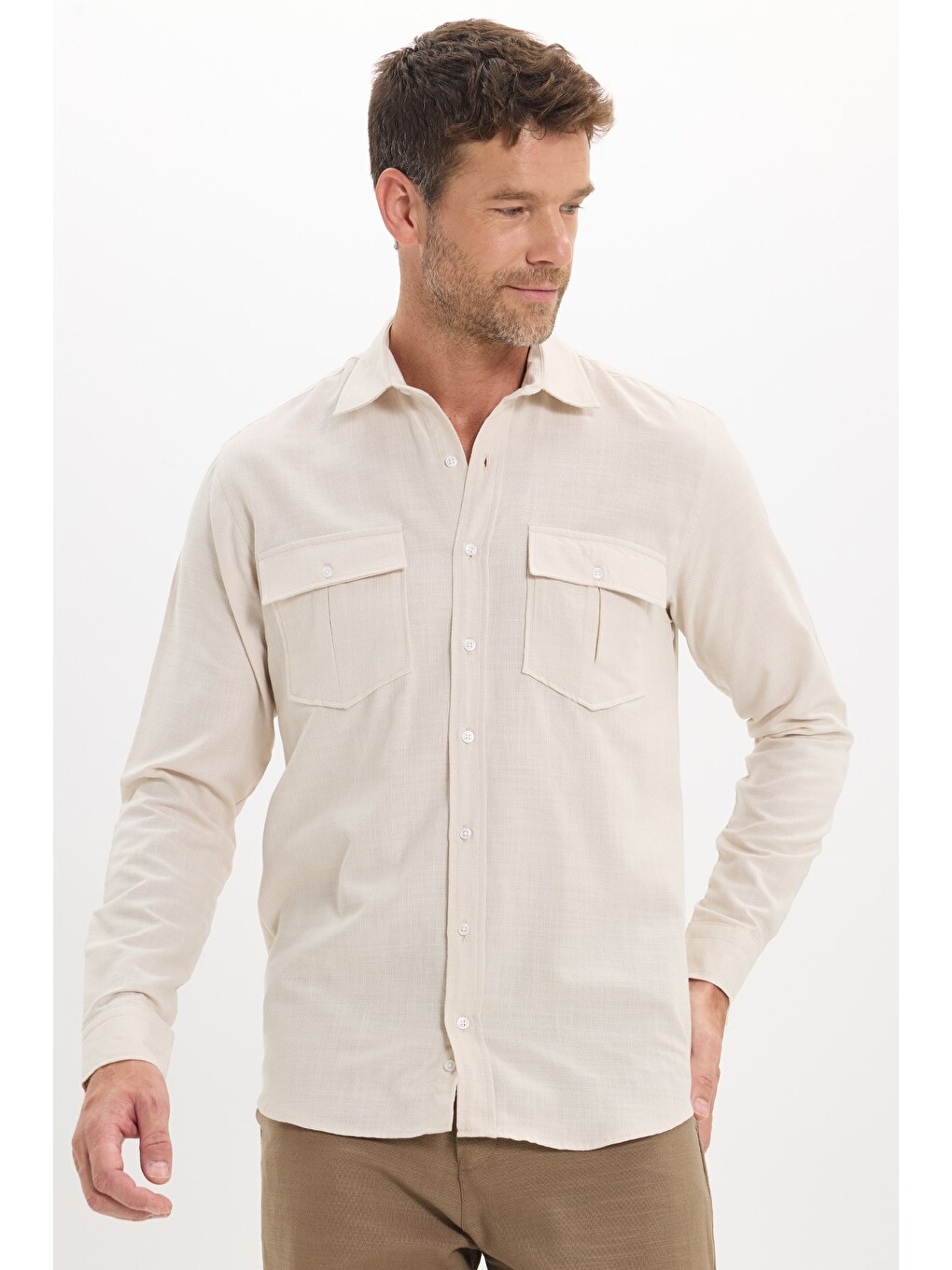 Erkek Regular Fit Klasik Kesim Oversize %100 Pamuk Keten Doku Çift Cep Bej Gömlek-7