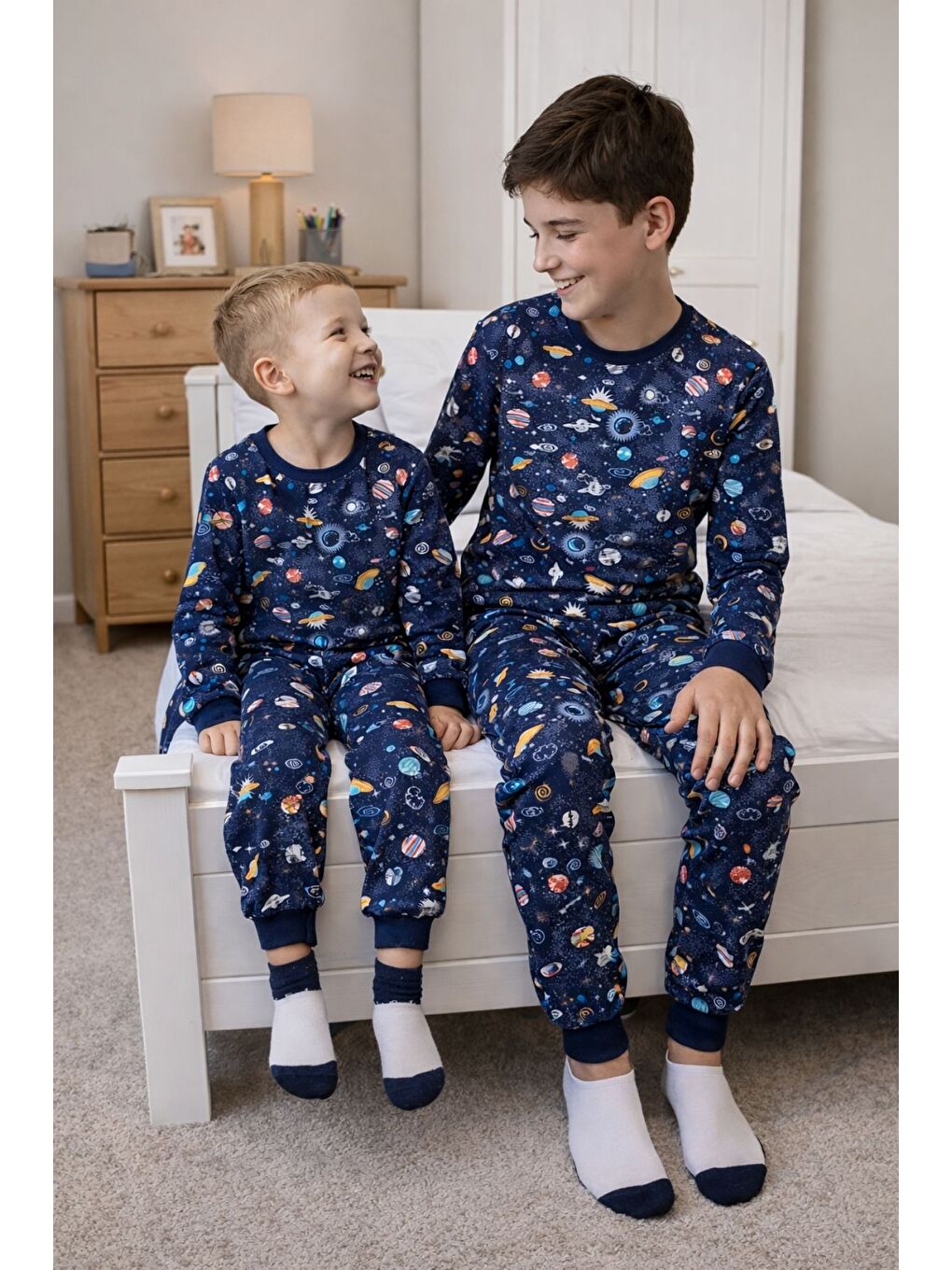 Gezegen Desenli %100 Pamuk Lacivert Çocuk Pijama Takımı-1