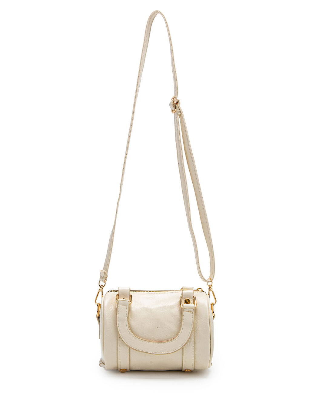 Ekru Suni Deri Lony Yuvarlak Kadın Çapraz Çanta Krem-1