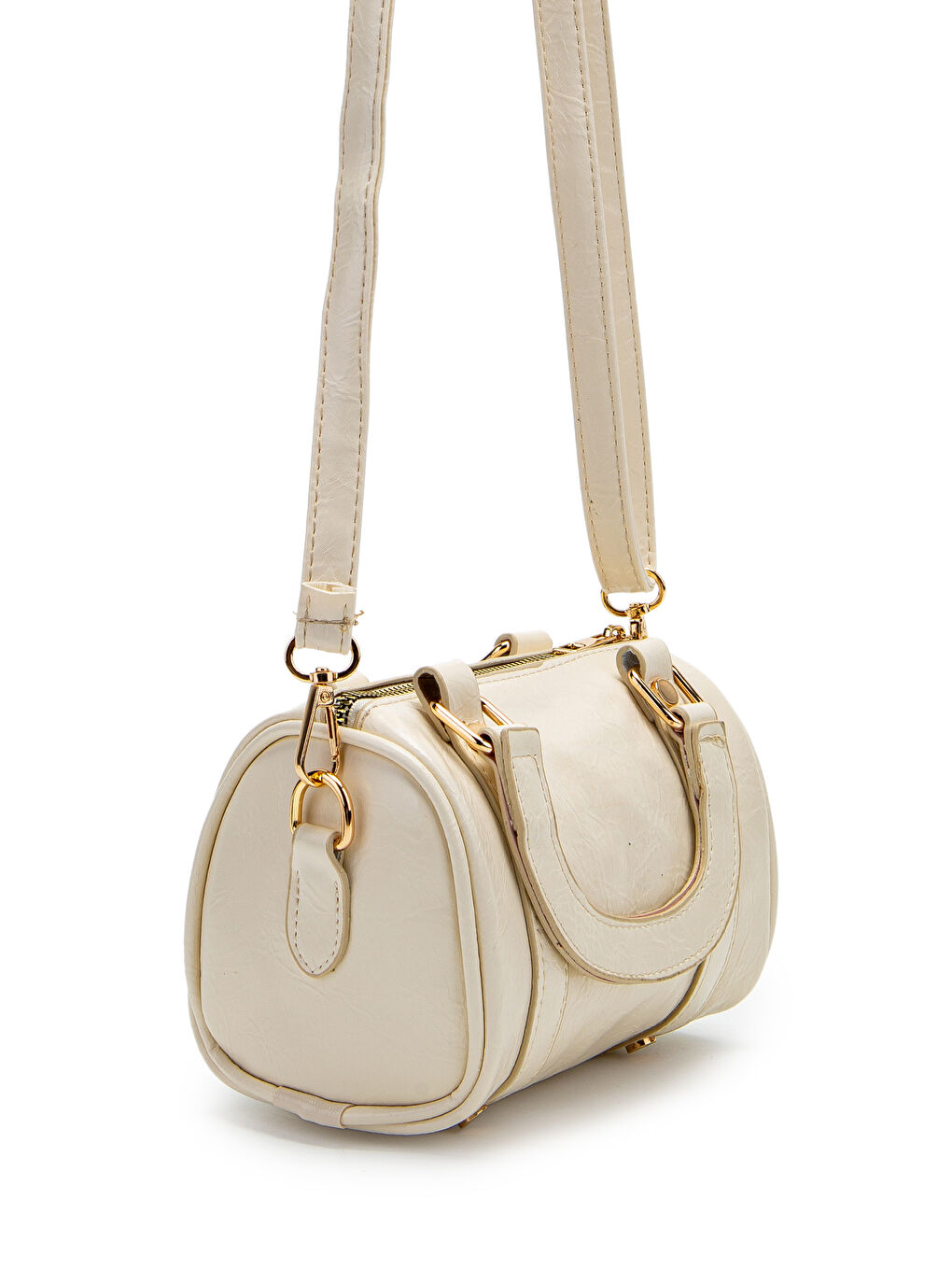 Ekru Suni Deri Lony Yuvarlak Kadın Çapraz Çanta Krem-3